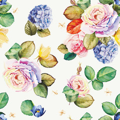 Seamless floral pattern with hydrangea flowers and beautiful roses
