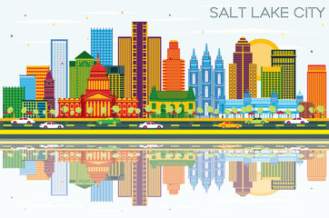 Salt Lake City Utah Skyline with Color Buildings, Blue Sky and Reflections.