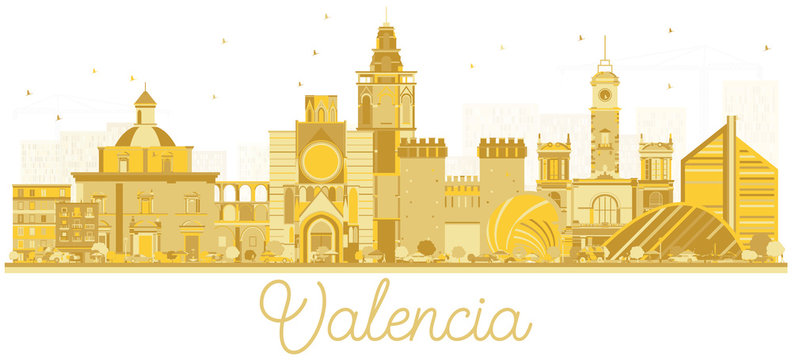 Valencia Spain City Skyline Silhouette with Golden Buildings.