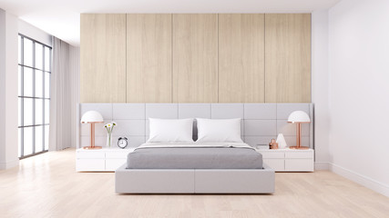 Bedroom interior dssign with Modern minimalist style.,Cozy white room and Simple Comforts, white bed on  natural wood, 3d rendering
