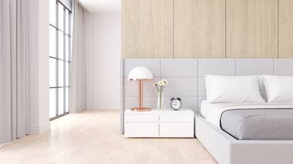 Fototapeta na wymiar Bedroom interior dssign with Modern minimalist style.,Cozy white room and Simple Comforts, white bed on natural wood, 3d rendering