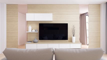 Modern and minimalist interior of living room,Cozy room and Simple Comforts,White TV cabinate with gray sofa on natural wood wall and floor,3d render