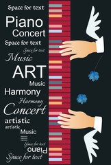 Vertical musical banner with abstract text,multicolor piano keyboard and winged hands of musician on black background in vector.