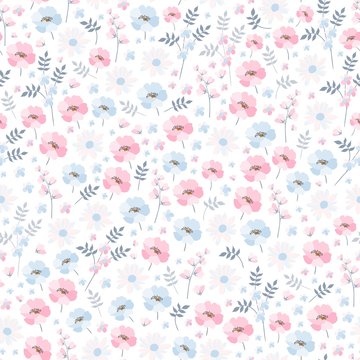 Tender ditsy floral pattern. Seamless vector design with light blue and pink flowers on white background. Print for fabric, bedding, wallpaper.