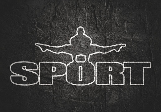 Muscular man outline silhouete on sport word. Bodybuilding relative image