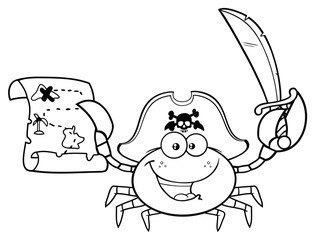 Black And White Pirate Crab Cartoon Mascot Character Holding A Treasure Map And Sword. Vector Illustration Isolated On White Background