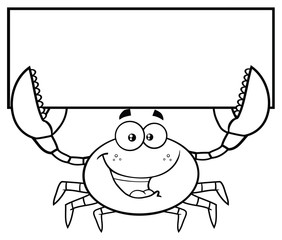 Black And White Happy Crab Cartoon Mascot Character Holding Blank Sign. Vector Illustration Isolated On White Background