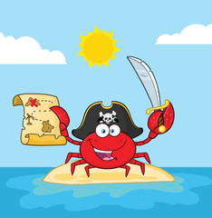 Pirate Crab Cartoon Mascot Character Holding A Treasure Map And Sword On An Island. Vector Illustration With Background