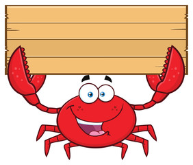 Happy Crab Cartoon Mascot Character Holding Wooden Blank Sign. Vector Illustration Isolated On White Background