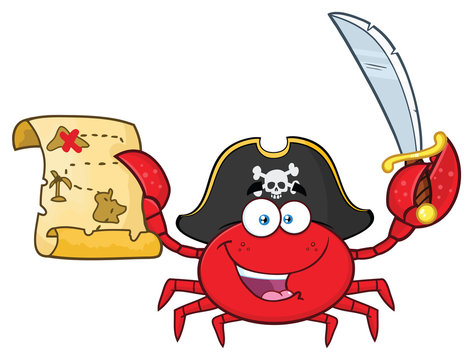 Pirate Crab Cartoon Mascot Character Holding A Treasure Map And Sword. Vector Illustration Isolated On White Background