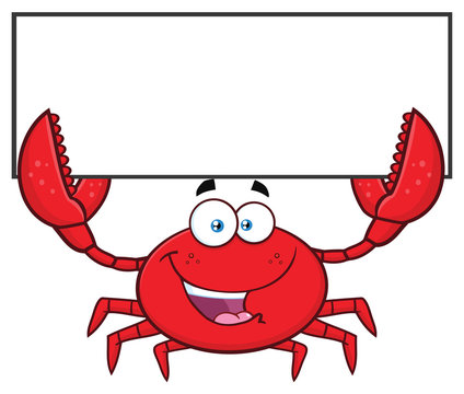 Happy Crab Cartoon Mascot Character Holding Blank Sign. Vector Illustration Isolated On White Background