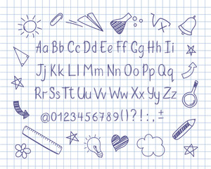 Alphabet in sketchy style with school doodles on copybook sheet. Vector handwritten pencil letters, numbers and punctuation marks. Ink pen handwriting font and doodle design elements.