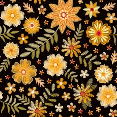 Embroidery seamless pattern with different yelowl flowers on black background. Fashion design for fabric, textile, wrapping paper. Fancywork print. Vector illustration.