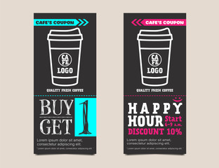 Coffee coupon card voucher template in chalkboard design. Buy 1 get free and Happy hour concept. Vector illustration