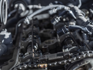 engine closeup parts, valves, bolts