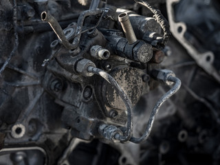 engine closeup parts, valves, bolts