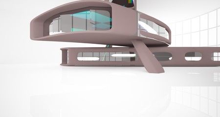 Obraz premium Abstract dynamic interior with brown and colored gradient smooth objects. 3D illustration and rendering