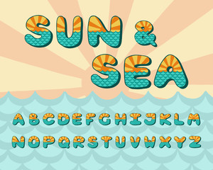 Naklejka premium Alphabet sea horizon, vintage design. Sun rays, and sea waves aquamarine color, retro style. Font vector typography. Hand drawn. EPS10
