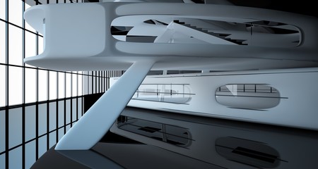 Abstract dynamic interior with black smooth objects. 3D illustration and rendering