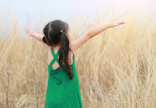 Asian child girl opened her hands, Relaxes in meadow field