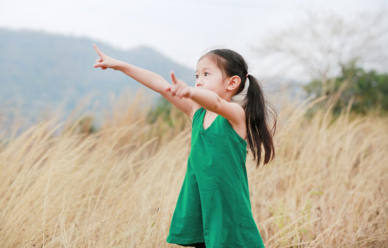 Cute little child girl pointing up in summer field outdoor. Freedom style.
