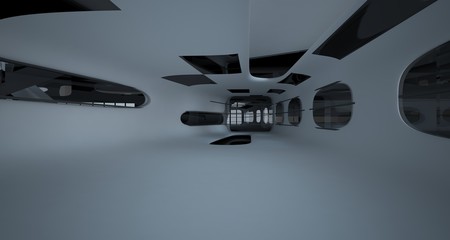 Abstract dynamic interior with black smooth objects. 3D illustration and rendering