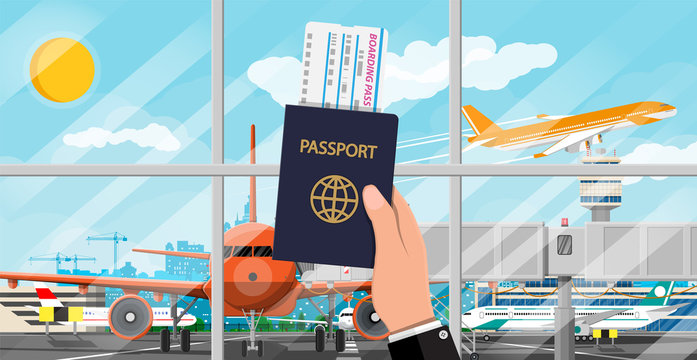 Hand with passport and airline ticket. Plane before takeoff. Airport control tower, terminal building and parking area. Cityscape. Sky with clouds and sun. Vector illustration in flat style