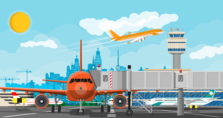 Plane before takeoff. Airport control tower, jetway, terminal building and parking area. Cityscape. Sky with clouds and sun. Vector illustration in flat style - obrazy, fototapety, plakaty