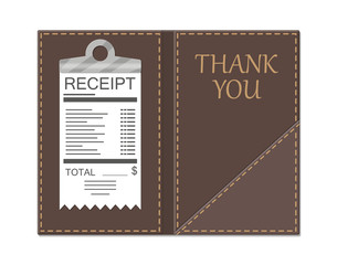Leather folder for cash, coins and cashier check. Thanks for the service in the restaurant. Money for servicing. Good feedback about the waiter. Gratuity concept. Vector illustration in flat style