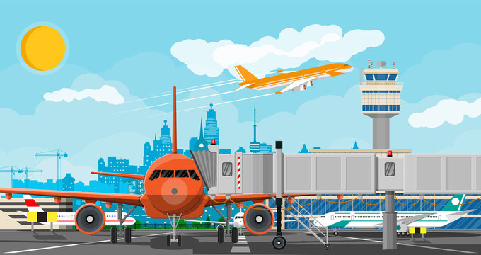 Plane before takeoff. Airport control tower, jetway, terminal building and parking area. Cityscape. Sky with clouds and sun. Vector illustration in flat style