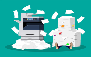 Office multifunction machine. Pile of paper documents. Bureaucracy, paperwork, overwork, office. Printer copy scanner device. Proffesional printing station. Vector illustration in flat style