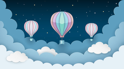 Hot air balloons, stars and clouds on the dark night sky background. Night scene background. Paper craft style. Vector Illustration.