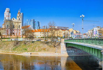 Landscapes of modern part of  Vilnius and Vilna River.