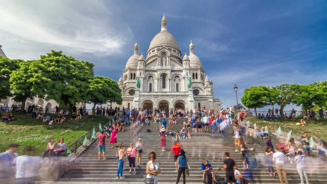 Tourists near the Basilica of the Sacra-Coeur church timelapse hyperlapse.