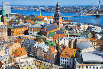 Fototapeta premium Panoramic view of the city of Riga, Latvia from the height of the tower Church of St. Peter