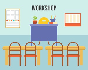 workshop concept, empty classroom or study room interior background, flat design