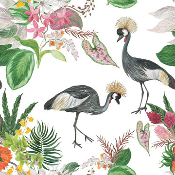 Watercolor painting seamless pattern with Grey crowned cranes and tropical flowers, leaves