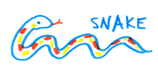 Cute cartoon pet snake painted in highlighter felt tip pen on clean white background