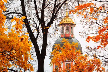 Golden dome of a Russian church in an autumn park in Saint Petersburg city