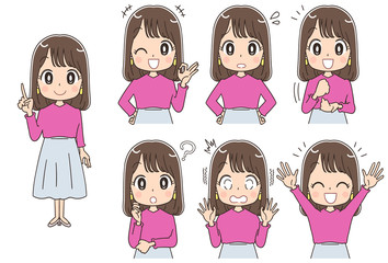 20代のかわいい女性のイラスト（セット・全身）