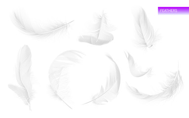 Fototapeta na wymiar Set of isolated falling white fluffy twirled feathers on white background in realistic style. Vector Illustration