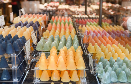 Cuberdon, a cone-shaped Belgian candy, for sale at Bruges. Belgium
