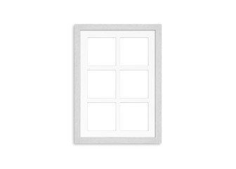 White wooden frame, six pictures collage. Home, office, studio or gallery interior decoration mock up