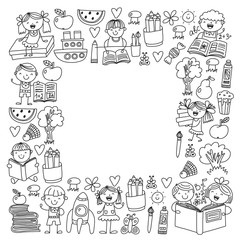 School, kindergarten boys and girls reading books. Imagination. Library. Space, travel, adventure.