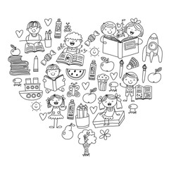 School, kindergarten boys and girls reading books. Imagination. Library. Space, travel, adventure.