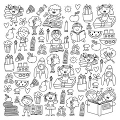 School, kindergarten boys and girls reading books. Library. Space, travel, adventure. Drawing, painting. Education, exploration, imagination.