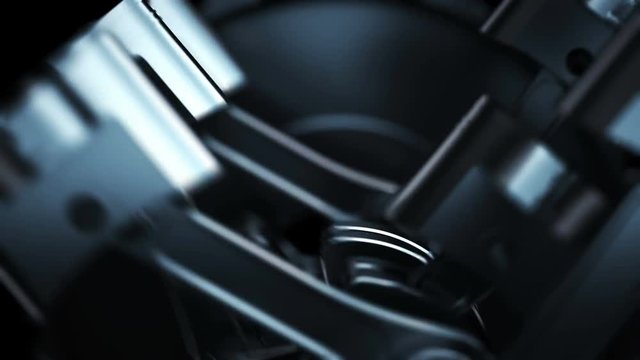 V8 motor with working pistons and crankshafts inside camera fly through