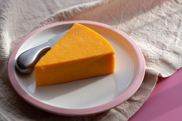 Triangle piece of British hard cow  dark yellow cheddar cheese on pink table