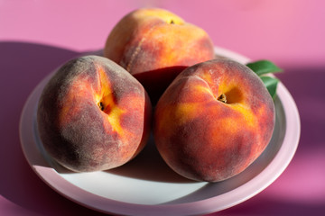 Three whole ripe peaches fruits close up on pink board and table