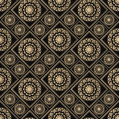 Islamic vector design. Seamless pattern oriental ornament. Black and golden textile print. Floral tiles.